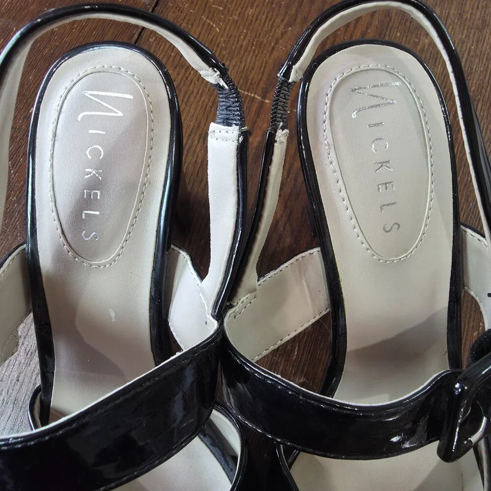 Vintage Nickels Black Faux‎ Leather Strappy Block Heel Sandals size 6.5